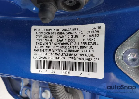 2016 Honda Civic Touring z USA, uszkodzony, nr VIN 2HGFC1F93GH643558